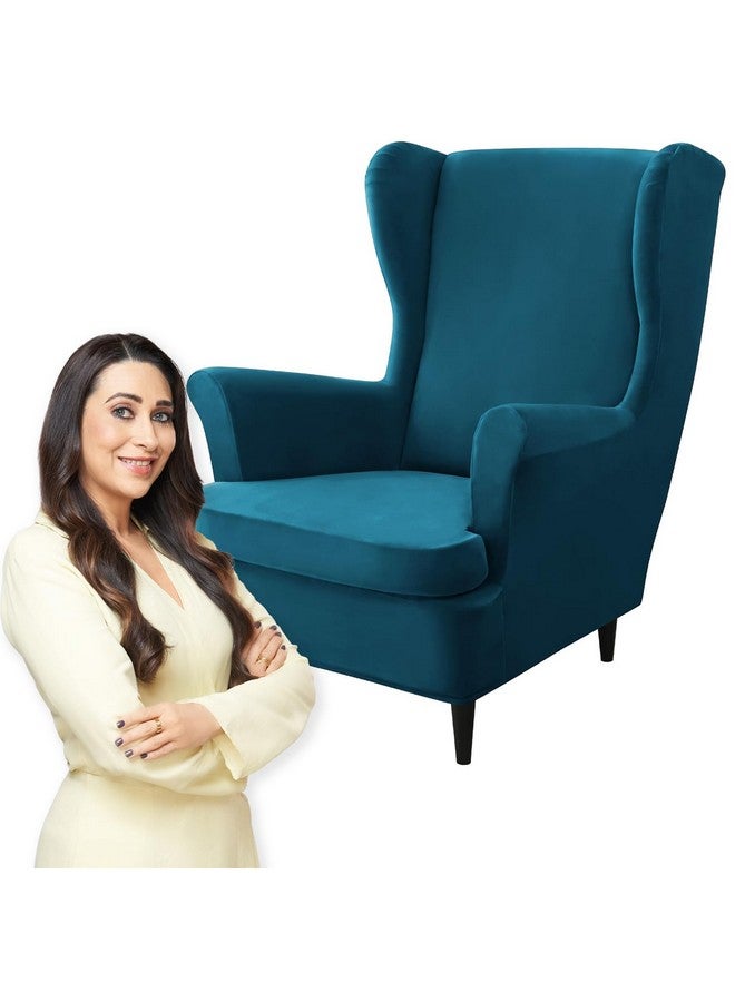 HOKIPO Original Velvet Wingback Chair Cover, Stretch Fitted, Removable Washable Furniture Protector Slipcover, Peacock Blue (AR-4761-PBLU) - Image 1