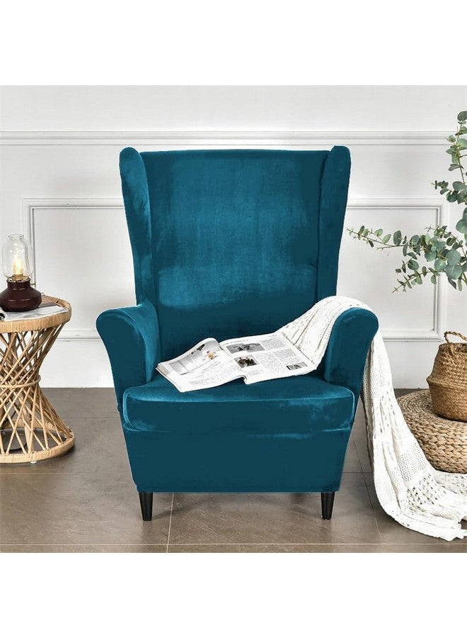 HOKIPO Original Velvet Wingback Chair Cover, Stretch Fitted, Removable Washable Furniture Protector Slipcover, Peacock Blue (AR-4761-PBLU) - Image 2