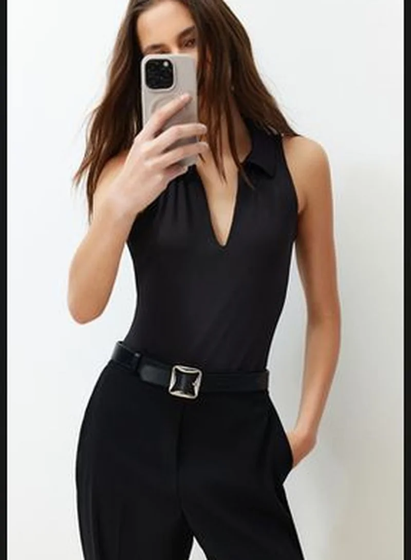 trendyol Black Fitted/Body-Sitting Polo Collar Flexible Snap Fastener Knitted Body TWOSS24BD00030