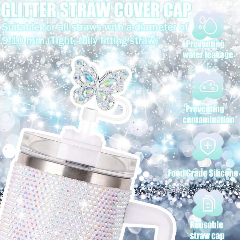 Cussom 6Pcs Shiny Straw Toppers, Colorful Diamond Butterfly Straw Covers Cap Compatible with Stanley Cups 30&40 Oz Tumbler with Handle, 10mm/4inches Reusable Silicone Bling Stanley Cup Accessories - Image 4