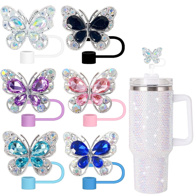 Cussom 6Pcs Shiny Straw Toppers, Colorful Diamond Butterfly Straw Covers Cap Compatible with Stanley Cups 30&40 Oz Tumbler with Handle, 10mm/4inches Reusable Silicone Bling Stanley Cup Accessories - Image 1