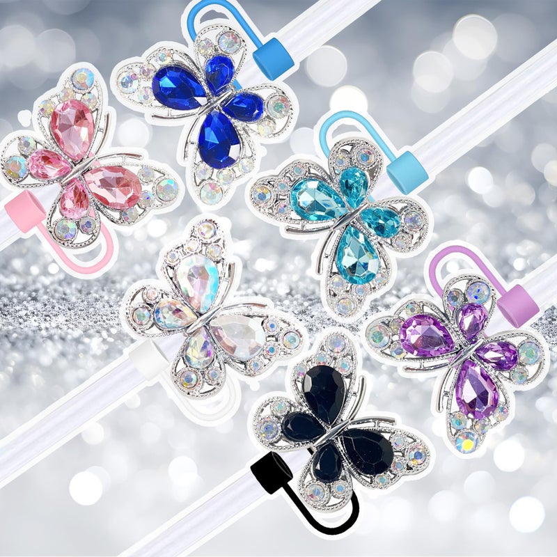 Cussom 6Pcs Shiny Straw Toppers, Colorful Diamond Butterfly Straw Covers Cap Compatible with Stanley Cups 30&40 Oz Tumbler with Handle, 10mm/4inches Reusable Silicone Bling Stanley Cup Accessories - Image 2