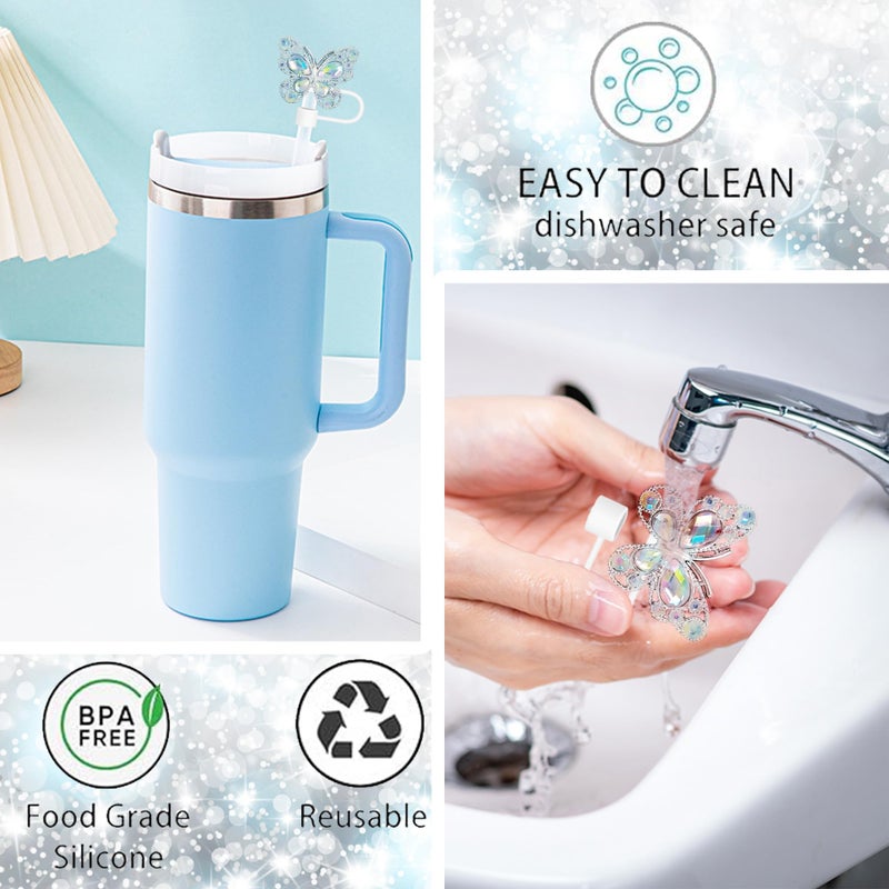 Cussom 6Pcs Shiny Straw Toppers, Colorful Diamond Butterfly Straw Covers Cap Compatible with Stanley Cups 30&40 Oz Tumbler with Handle, 10mm/4inches Reusable Silicone Bling Stanley Cup Accessories - Image 5