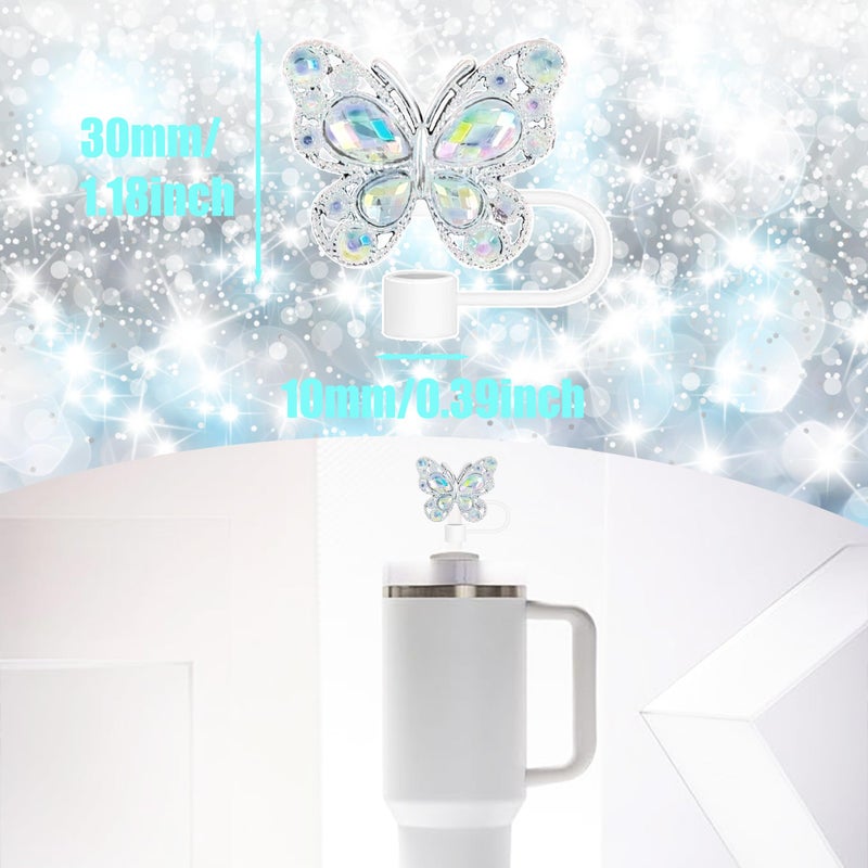 Cussom 6Pcs Shiny Straw Toppers, Colorful Diamond Butterfly Straw Covers Cap Compatible with Stanley Cups 30&40 Oz Tumbler with Handle, 10mm/4inches Reusable Silicone Bling Stanley Cup Accessories - Image 3