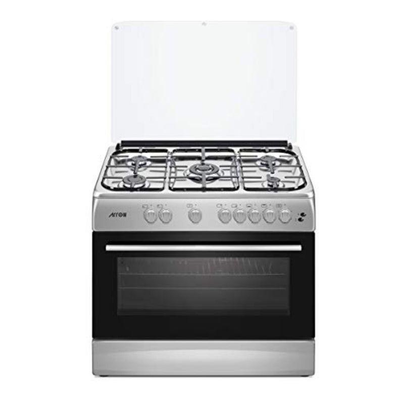5 Burners Gas Cooker for kitchen use, stainless steel material, silver color, full safety features and warming cabinet - Image 1