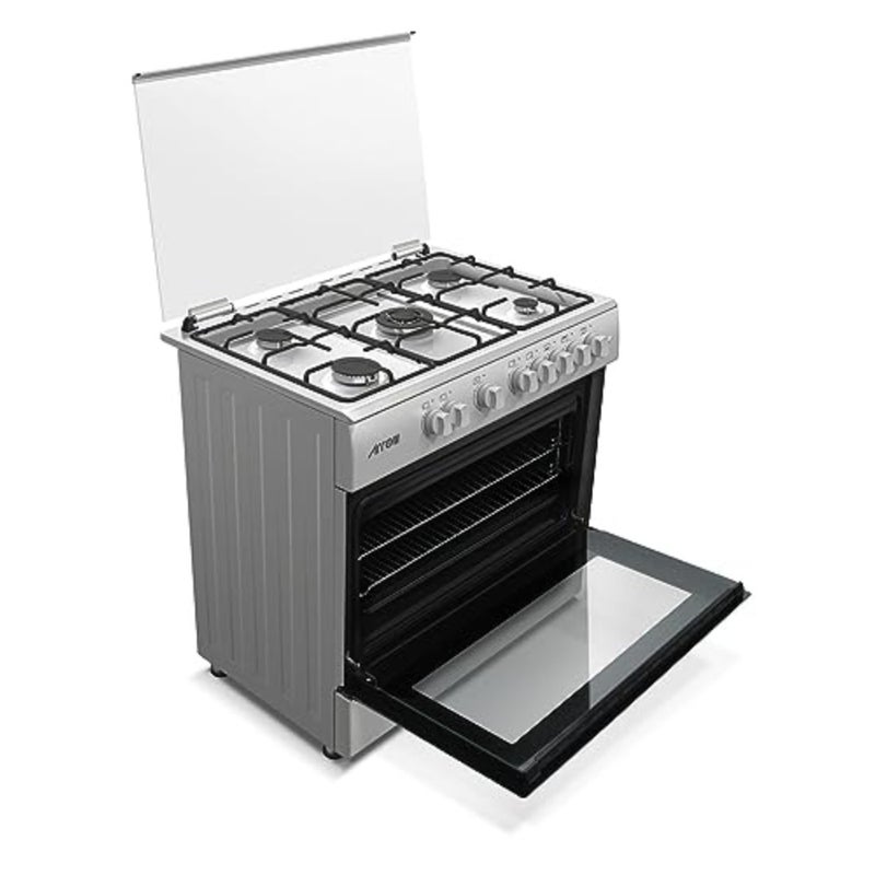 5 Burners Gas Cooker for kitchen use, stainless steel material, silver color, full safety features and warming cabinet - Image 3