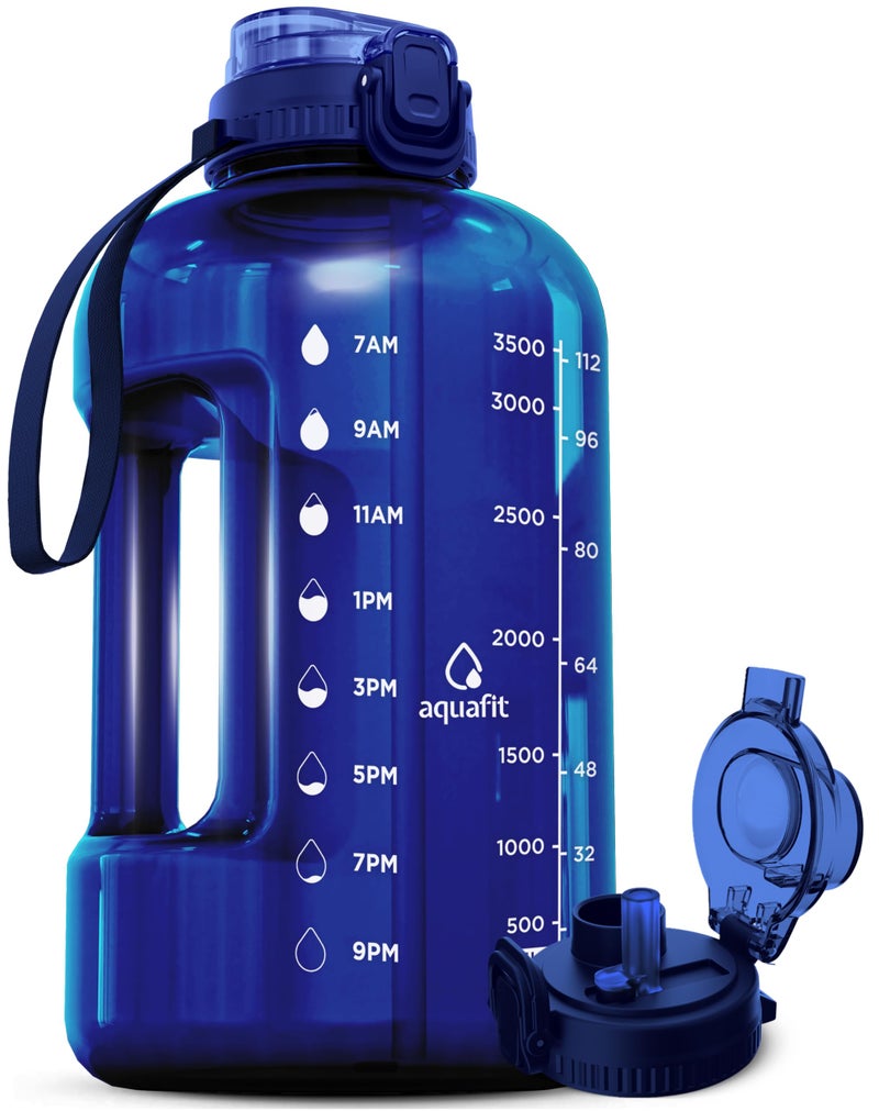 AQUAFIT 1 Gallon Water Bottle with Time Marker  Straw  Chug Lid  BPA Free Gym Water Bottle with Straw  Big Gallon Jug Blue 128 oz  2in1 Lid