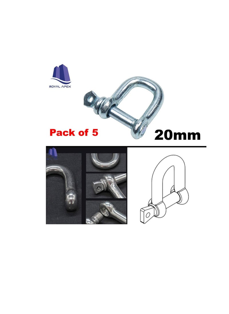 Generic - Galvanized Iron (GI) D Ring Shackle Lock, Shackle Hook Clip for Heavy Duty Construction, Chain Link Tow, Marine Shackles, Gym Hook and Vehicle Recovery & DIY Projects… (Pack of 5, 20mm) - Image 1
