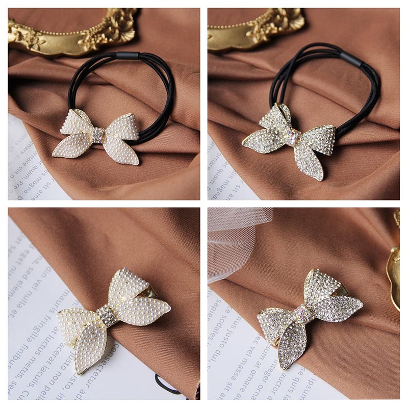 Hair Accessories Set Pearl Rhinestone Bowknot Hair Ties and Duckbill Hair Clips for Women and Girls