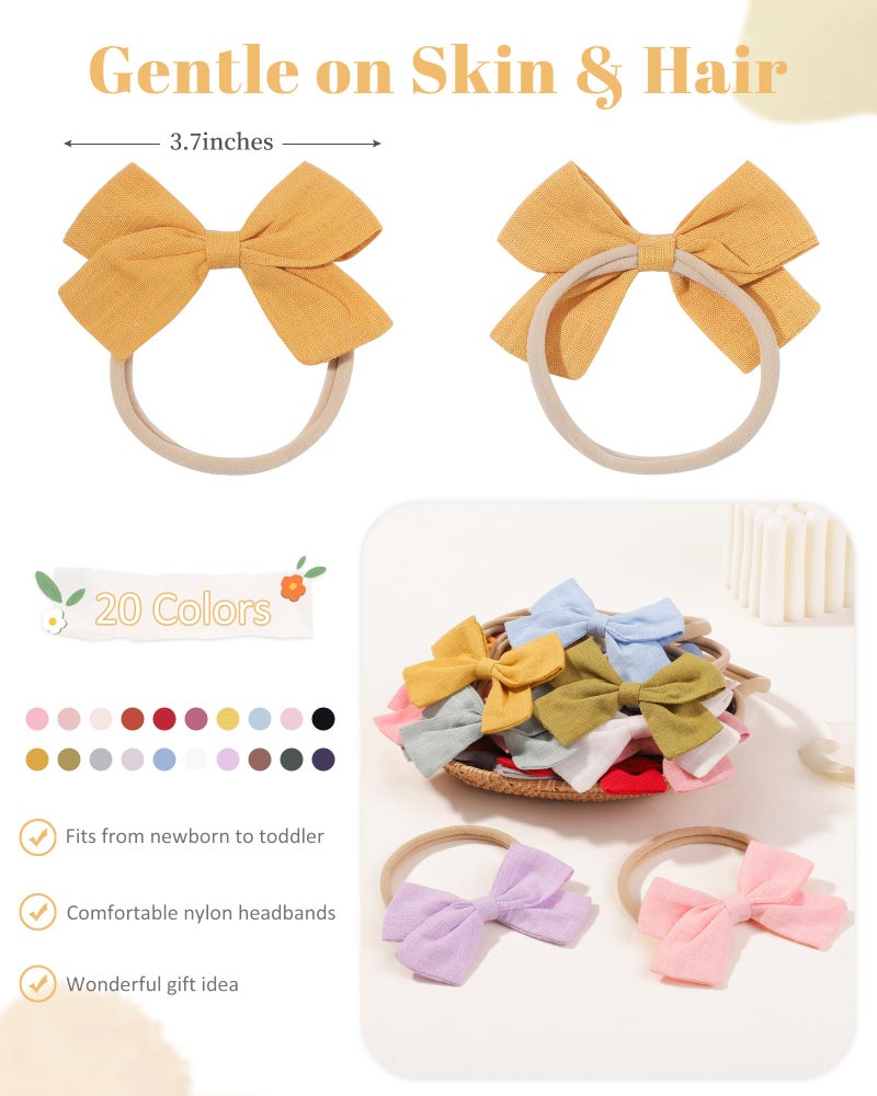 jollybows 20pcs Baby Girls Nylon Hair Bows Headbands Linen Hair Bands Elastic Hair Accessories for Kids Infants Newborn - Image 2