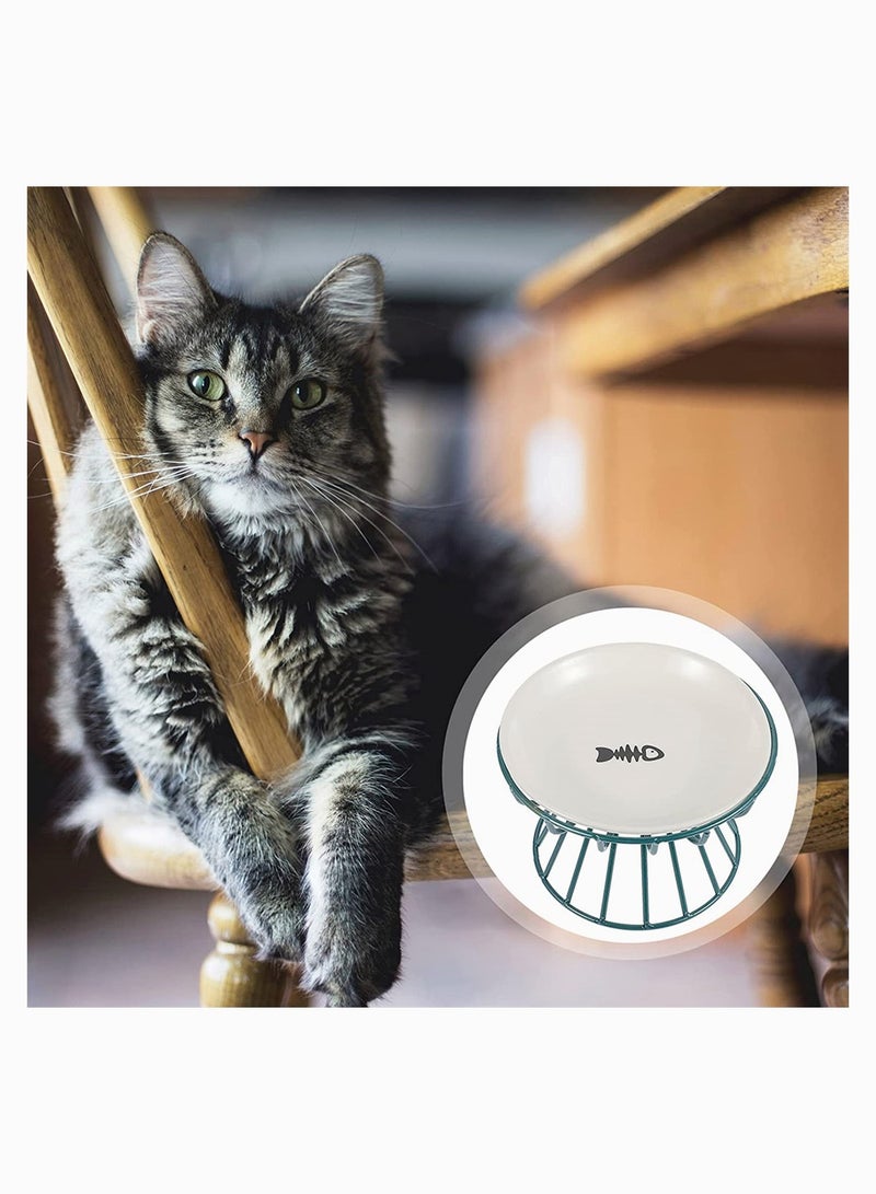 Pet Feeding Dish with Stand Ceramic Cat Bowl Raised Puppy Kitten Food Dispenser Green - Image 5