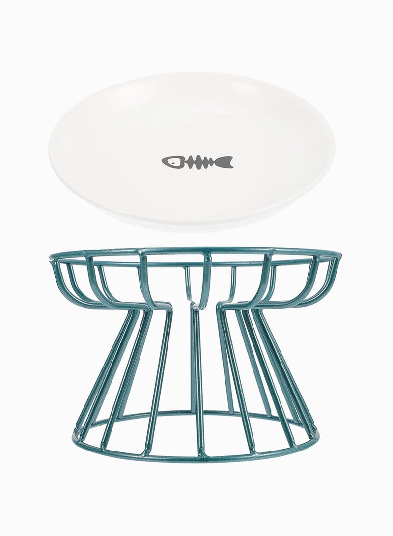 Pet Feeding Dish with Stand Ceramic Cat Bowl Raised Puppy Kitten Food Dispenser Green - Image 1