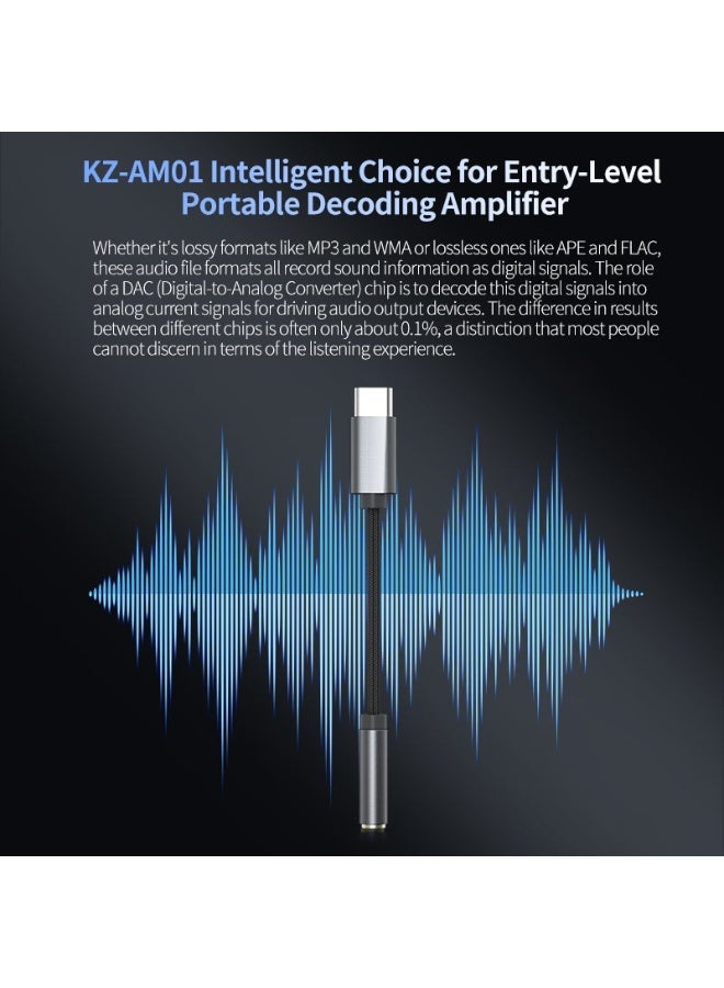 KZ AM01 USB-C to 3.5mm DAC Headphone Amplifier Adapter — Universal USB-C Hi-Res Audio Decoder with Dual Independent DAC & Amplifier Chips, Supports High-Impedance Headphones up to 600Ω — Compatible with USB-C Devices (Android, iPhone 15+/iPad, Laptops & Tablets) - Image 3