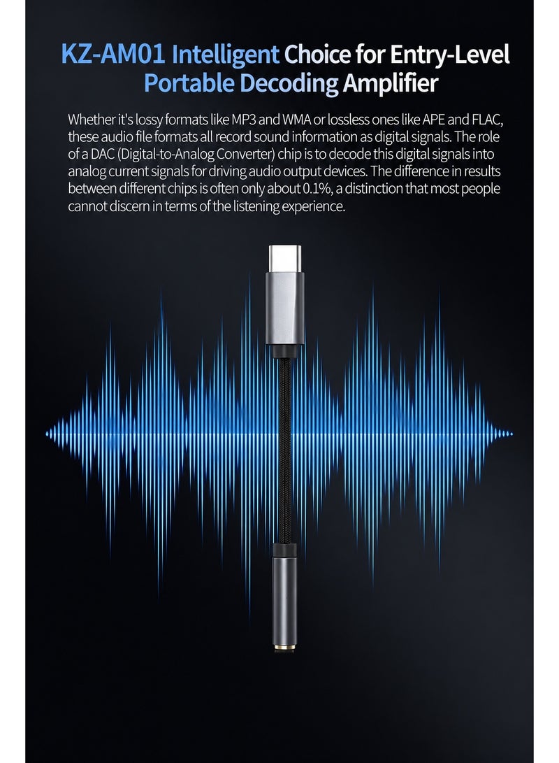 KZ AM01 USB-C to 3.5mm DAC Headphone Amplifier Adapter — Universal USB-C Hi-Res Audio Decoder with Dual Independent DAC & Amplifier Chips, Supports High-Impedance Headphones up to 600Ω — Compatible with USB-C Devices (Android, iPhone 15+/iPad, Laptops & Tablets) - Image 3
