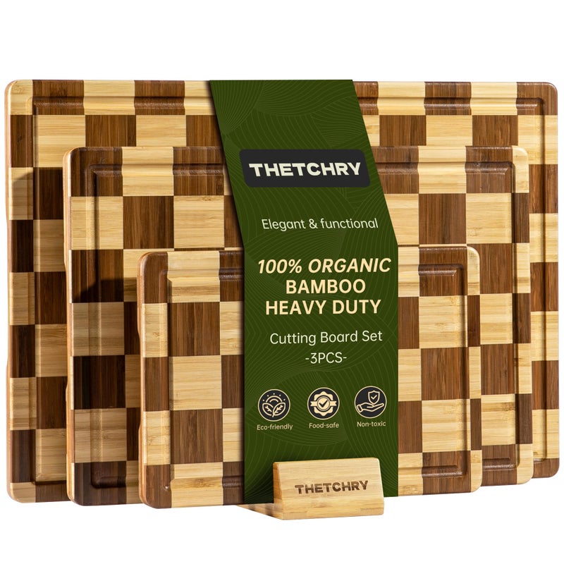 thetchry 3 Pack Checkered Bamboo Cutting Board Set, Decorative End Grain Thick Wood Cutting Board, Crack-Resistant, Heavy Duty Non-slip Chopping Boards, Aesthetic Serving Trays for Home Decor, Gift - Image 1