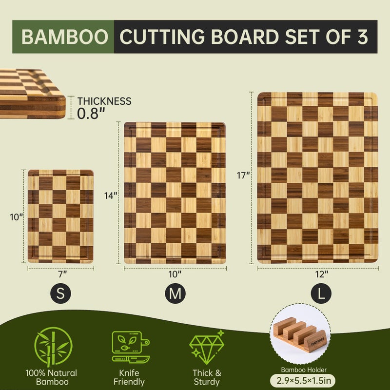 thetchry 3 Pack Checkered Bamboo Cutting Board Set, Decorative End Grain Thick Wood Cutting Board, Crack-Resistant, Heavy Duty Non-slip Chopping Boards, Aesthetic Serving Trays for Home Decor, Gift - Image 4