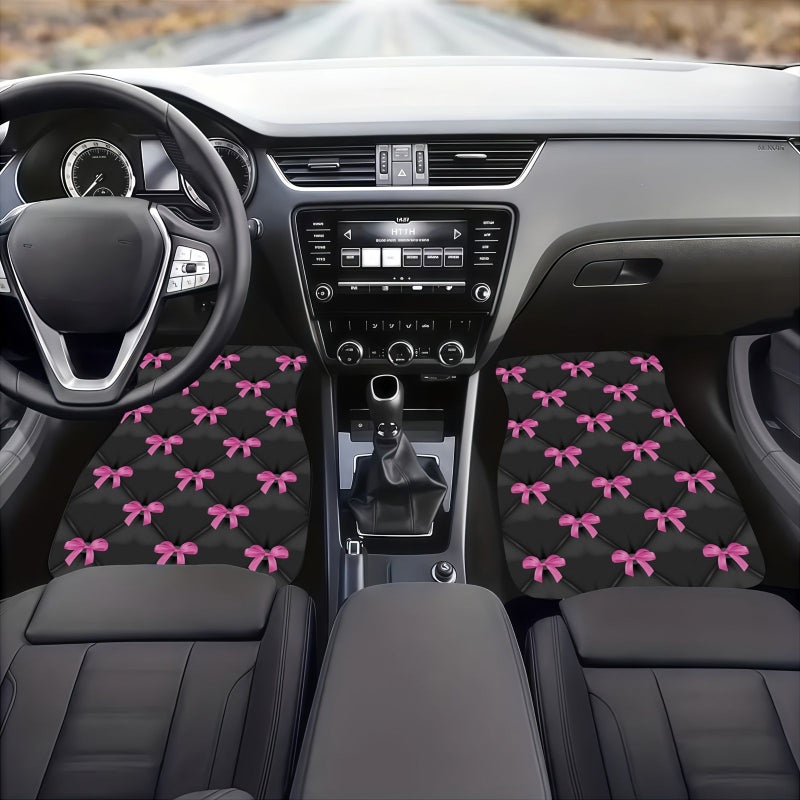 Polyester Car Floor Mats 4pcs Set Black Pink Bows Diamond Pattern Bow Tie - Image 5