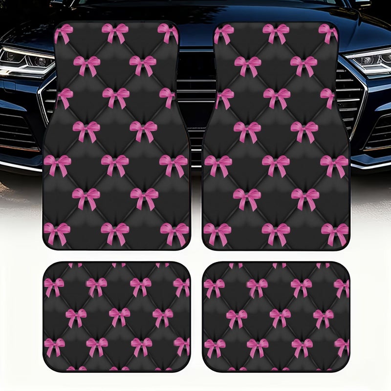 Polyester Car Floor Mats 4pcs Set Black Pink Bows Diamond Pattern Bow Tie - Image 4