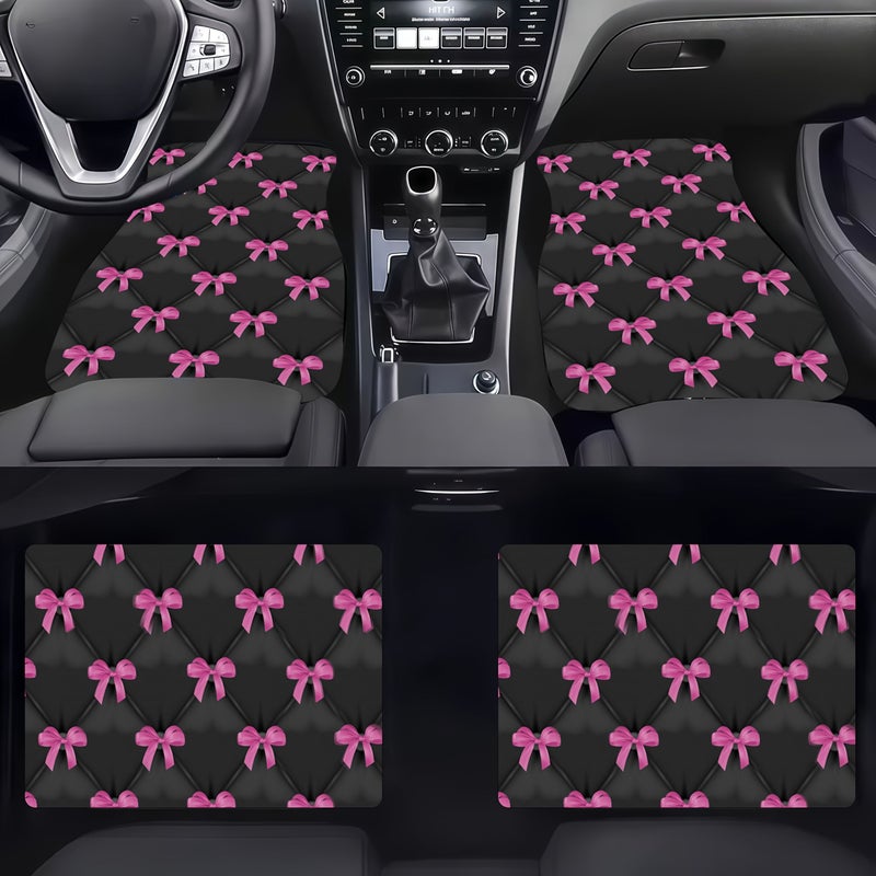 Polyester Car Floor Mats 4pcs Set Black Pink Bows Diamond Pattern Bow Tie - Image 1