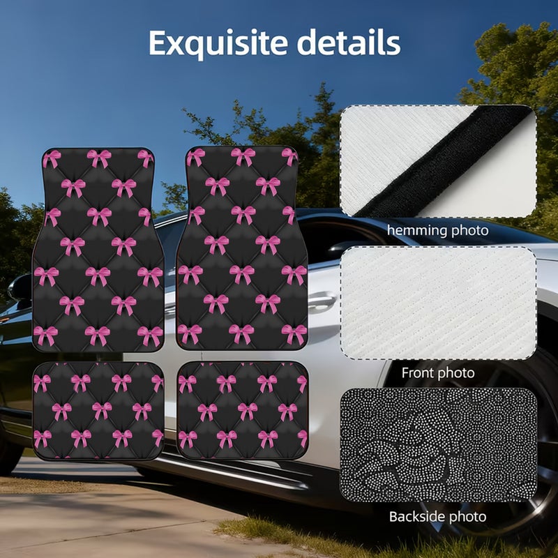 Polyester Car Floor Mats 4pcs Set Black Pink Bows Diamond Pattern Bow Tie - Image 3
