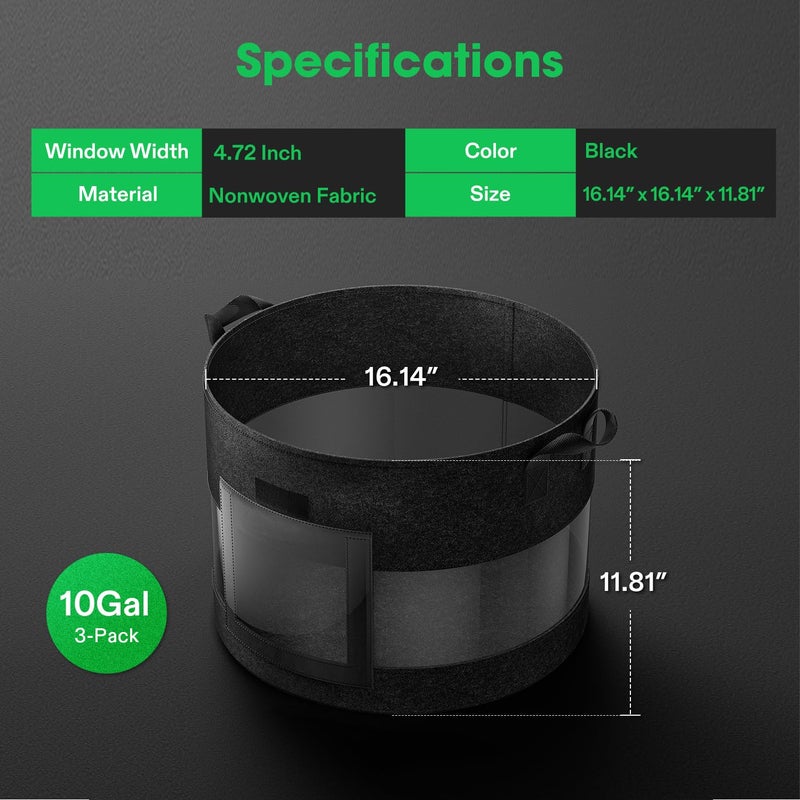 VIVOSUN أكياس زراعة البطاطس المرئية من VIVOSUN - عبوة 3 قطع سعة 10 جالون، Pots من قماش غير منسوج بسمك 320 جرام مع مقابض حزام، قماش ظل و 10 ملصقات نباتية للزهور والخضروات - Image 2