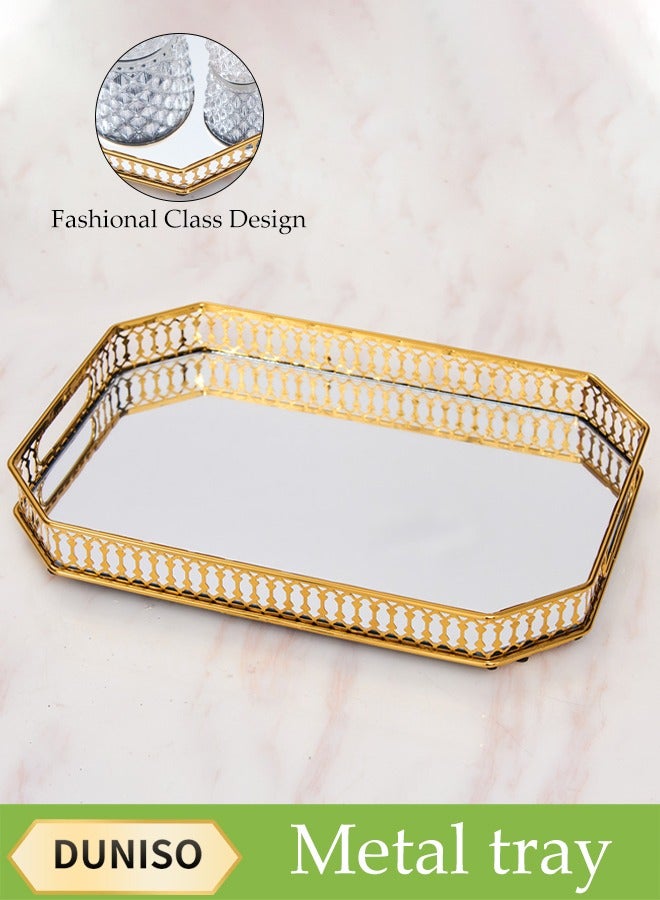 DUNISO Square Gold Mirror Tray, Glass Metal Tray Dressing Table Tray Jewelry Storage, Decorative Makeup Perfume Organization, Suitable For Bathroom Bedroom  - Image 1
