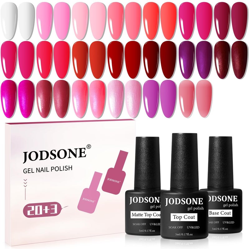 JODSONE 23 PCS Glitter Gel Polish with Soak off Base Coat Matte and Glossy Top Coat Glitter Red Pink Color High Shine and Fashion Gel Nail Polish Kit - Image 1
