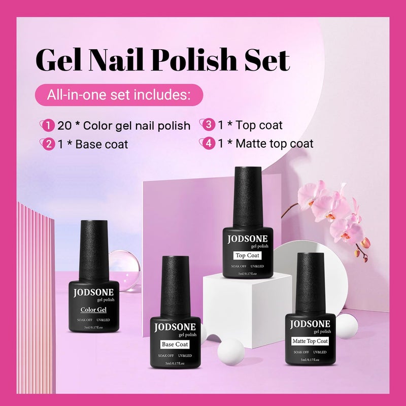 JODSONE 23 PCS Glitter Gel Polish with Soak off Base Coat Matte and Glossy Top Coat Glitter Red Pink Color High Shine and Fashion Gel Nail Polish Kit - Image 3