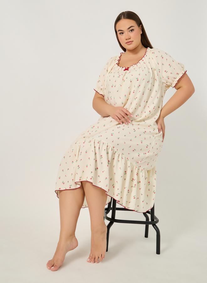 Styli Plus Size All-Over Print A-Line Ruffle Hem Sleep Night Dress  - Image 1