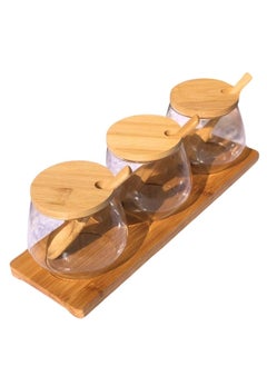 FALMER Set of 3 Pompeii Glass Jars with Bamboo Wood Base for Storing Spices, Herbs, and Coffee - Clear  - Image 1