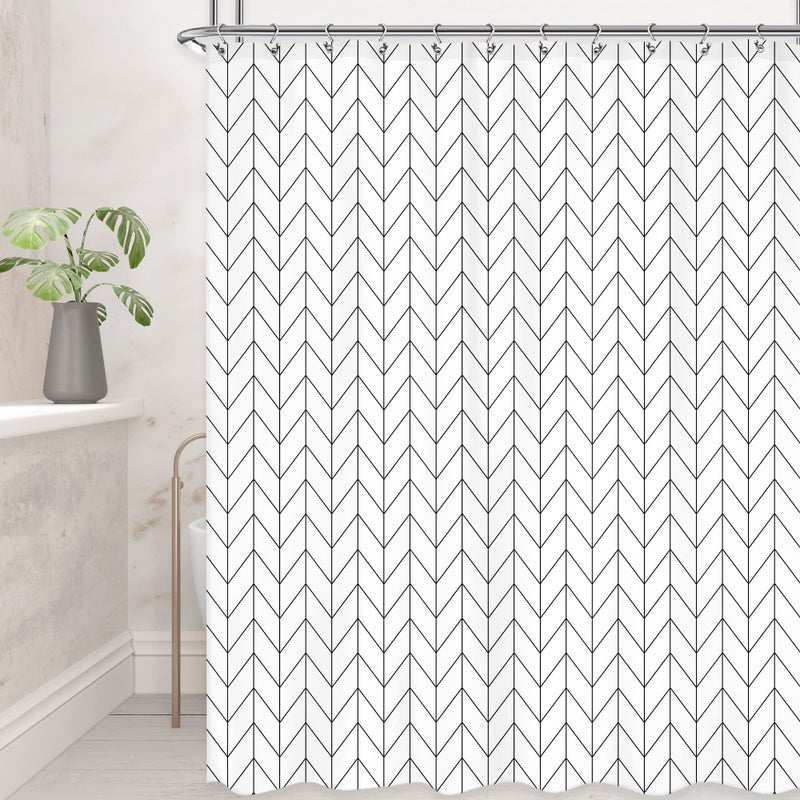 Riyidecor Chevron Shower Curtain Geometric Herringbone 72Wx96H Inch Striped Extra Long Simple Modern Classy Neutral Contemporary 12 Pack Metal Hooks Decor Fabric Bathroom Set Polyester Waterproof