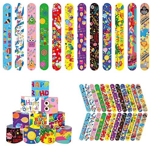 DimiGlobal 48 Pcs Happy Birthday Slap Bracelets for Kids Birthday Party Slap Bracelets Bulk Snap Bracelet Party Favors Supplies for kidsteens Gifts Teacher Classroom School Favors Prizes Exchanging Gifts - Image 1