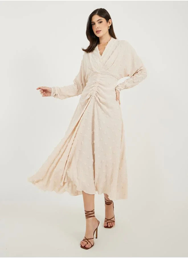 ستايلي Dobby Long Sleeve A-Line Midi Dress with Waist Ruched Detail