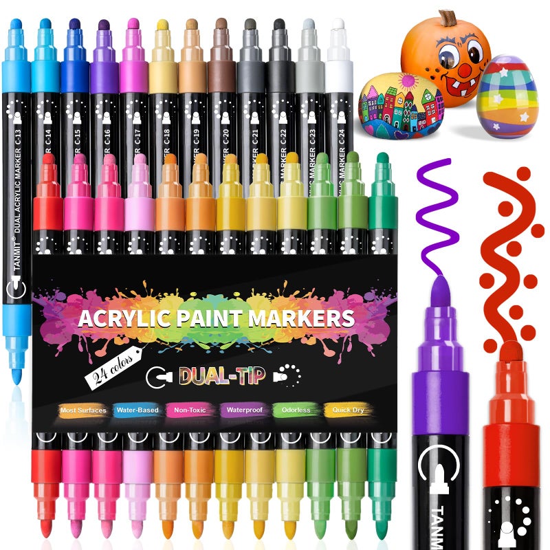TANMIT Acrylic Paint Pens Markers, 24 Colors Dual Tip Acrylic Paint Pens for Rock Painting, Wood, Canvas, Stone, Glass, Ceramic Surfaces, DIY Crafts Making Art Supplies (Round Tip and Fine Tip) - Image 1