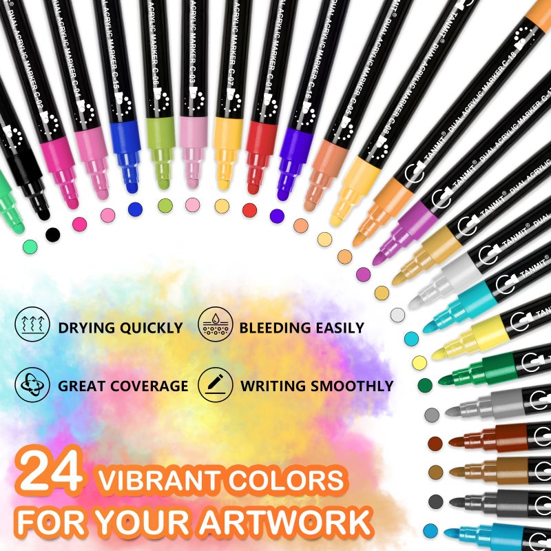 TANMIT Acrylic Paint Pens Markers, 24 Colors Dual Tip Acrylic Paint Pens for Rock Painting, Wood, Canvas, Stone, Glass, Ceramic Surfaces, DIY Crafts Making Art Supplies (Round Tip and Fine Tip) - Image 3