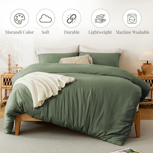 MILDLY Super Soft Duvet Cover - 100% Washed Microfiber Olive Green Comforter Cover Set 3 Pieces with Zipper Closure & Corner Ties (No Comforter) - Image 2