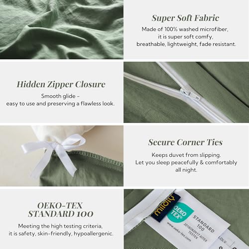 MILDLY Super Soft Duvet Cover - 100% Washed Microfiber Olive Green Comforter Cover Set 3 Pieces with Zipper Closure & Corner Ties (No Comforter) - Image 5