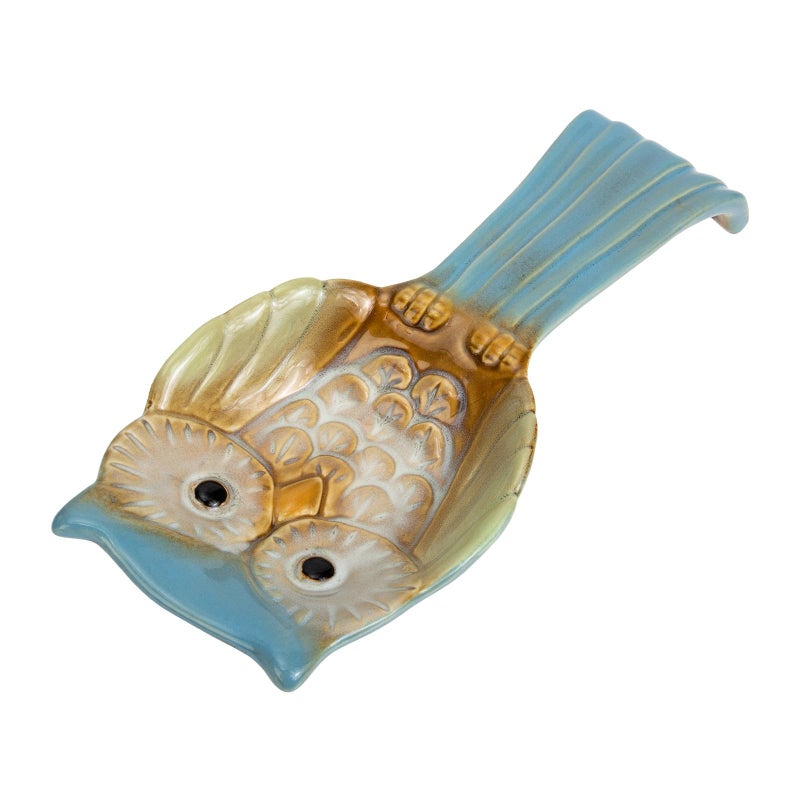 Ceramic Owl Spoon Rest Holder Kitchen Utensil Rack Embossed Pattern Blue Sturdy Home Restaurant - Image 2