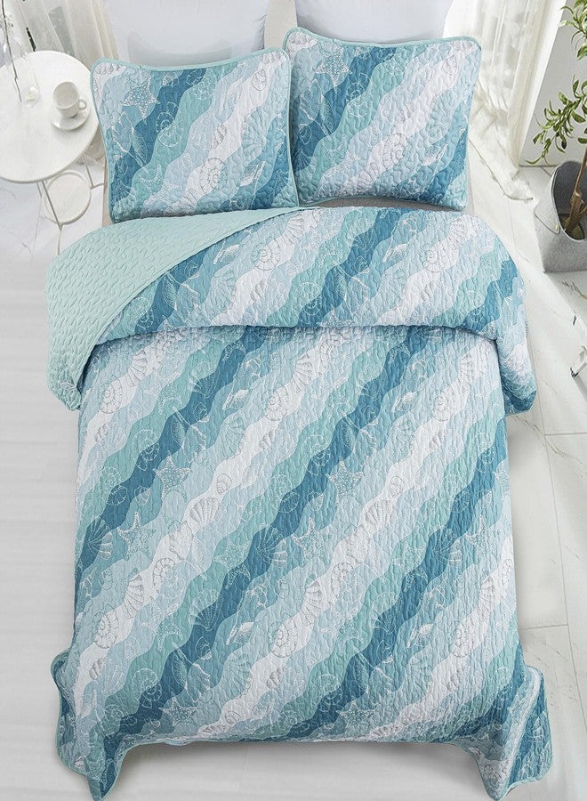 Dinjoy Summer Coastal Quilt Set Twin Size, Blue Green Ocean Beach Themed Bedding Set Seawave Seashell Conch Starfish Microfiber Lightweight Bedspread Coverlet Bed Set All Season (68x86 Inch) - Image 3
