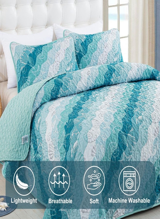 Dinjoy Summer Coastal Quilt Set Twin Size, Blue Green Ocean Beach Themed Bedding Set Seawave Seashell Conch Starfish Microfiber Lightweight Bedspread Coverlet Bed Set All Season (68x86 Inch) - Image 4