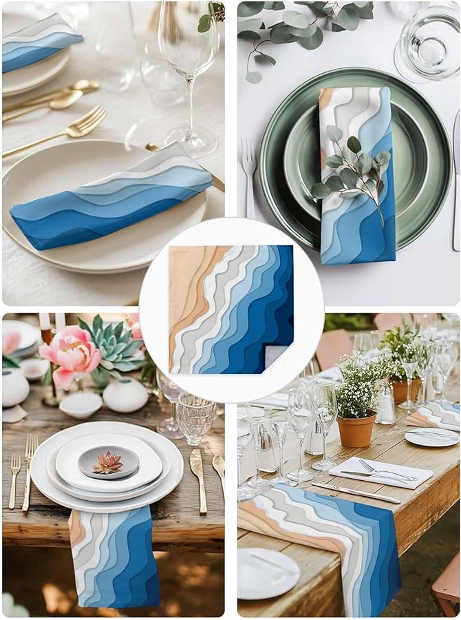 Blue Ombre Wave Cloth Napkins Set Of 4 20x20 Inch Reusable For Beach Wedding Party - Image 5
