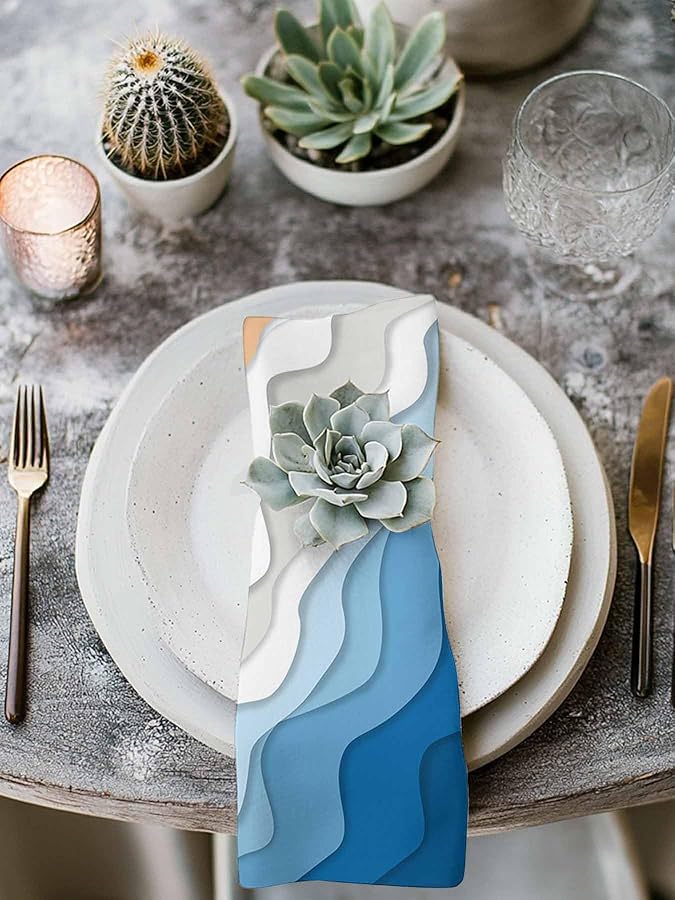 Blue Ombre Wave Cloth Napkins Set Of 4 20x20 Inch Reusable For Beach Wedding Party - Image 4