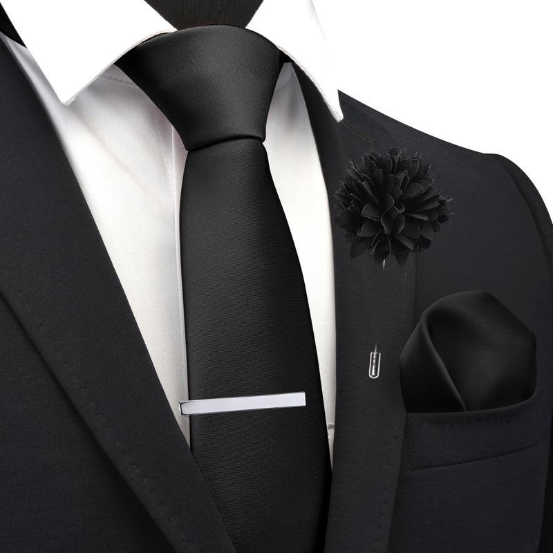 Branduce Black Tie for Men Wedding Solid Satin Silk Blend Necktie Pocket Square Tie Clip and Lapel Pin Brooch Set (TA14-24) - Image 2