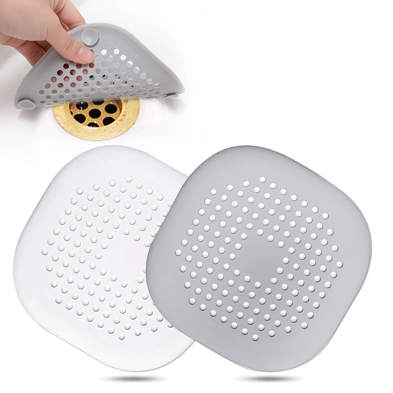 Bovinde Hair Drain Catcher Square Drain Cover For Shower Silicone Hair Stopper With Suction Cup Easy To Install Suit For Bathroom Bathtub Kitchen 2 Pack (Grey White) - Image 1