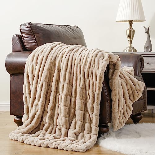 BATTILO HOME Luxury Faux Fur Throw Blanket for Couch, Cozy Plush Soft Blanket for Women, Double Side Ruched Rabbit Fur Blanket for Living Room, 50x60 Inches - Image 4