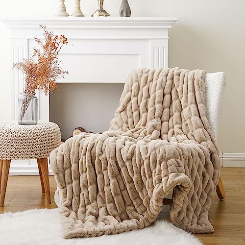 BATTILO HOME Luxury Faux Fur Throw Blanket for Couch, Cozy Plush Soft Blanket for Women, Double Side Ruched Rabbit Fur Blanket for Living Room, 50x60 Inches - Image 3