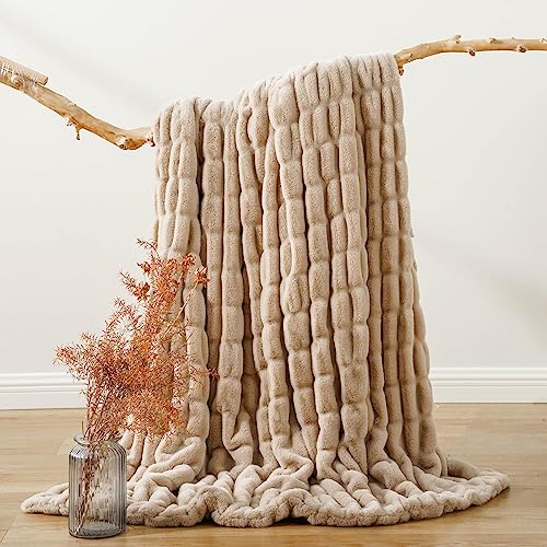 BATTILO HOME Luxury Faux Fur Throw Blanket for Couch, Cozy Plush Soft Blanket for Women, Double Side Ruched Rabbit Fur Blanket for Living Room, 50x60 Inches - Image 2