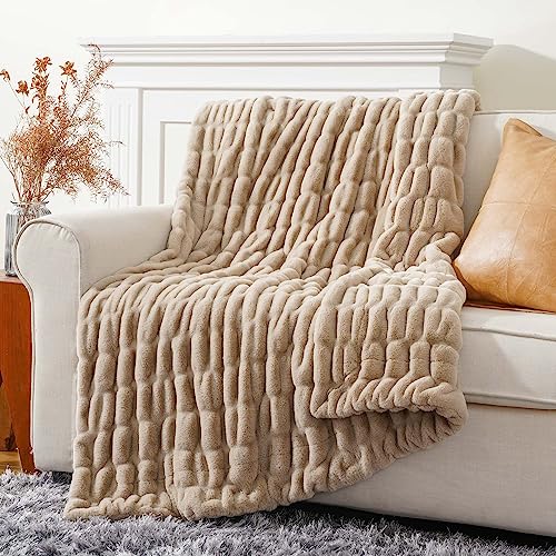 BATTILO HOME Luxury Faux Fur Throw Blanket for Couch, Cozy Plush Soft Blanket for Women, Double Side Ruched Rabbit Fur Blanket for Living Room, 50x60 Inches - Image 1