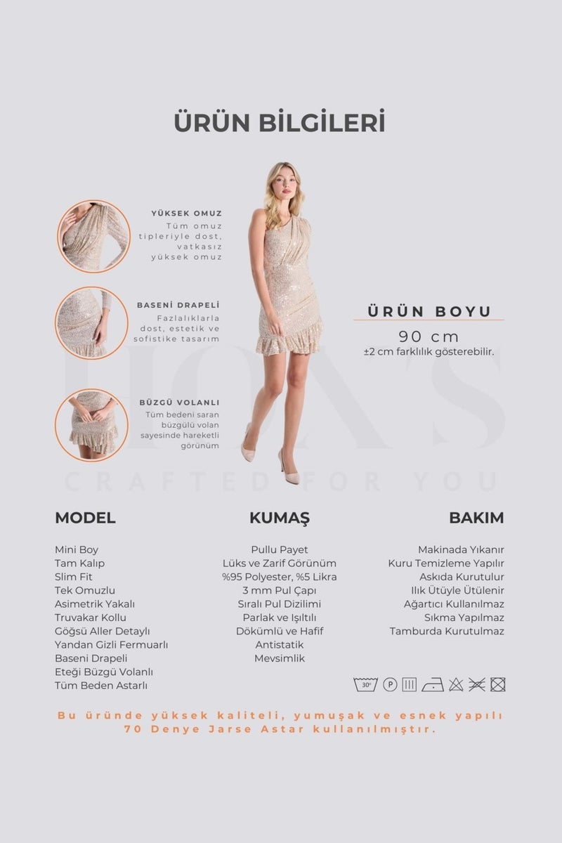 HOX'S Cindy | Sequined One Shoulder Mini Slim Evening Dress Asymmetrical Neckline Ruffle Skirt - Beige  - Image 2