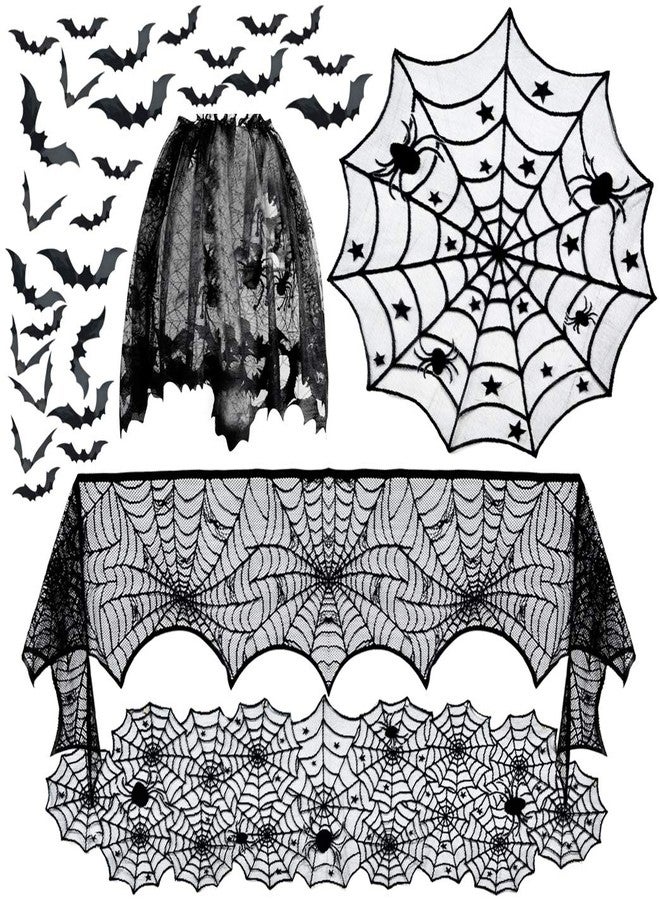 Tayfremn 5pack Halloween Decorations Tablecloth Runner Black Lace Round Spider Cobweb Table Cover Fireplace Mantel Scarf Spiderweb Fireplace Scarf Spider Lampshade with 36pcs Scary 3D Bat for Halloween Party - Image 1